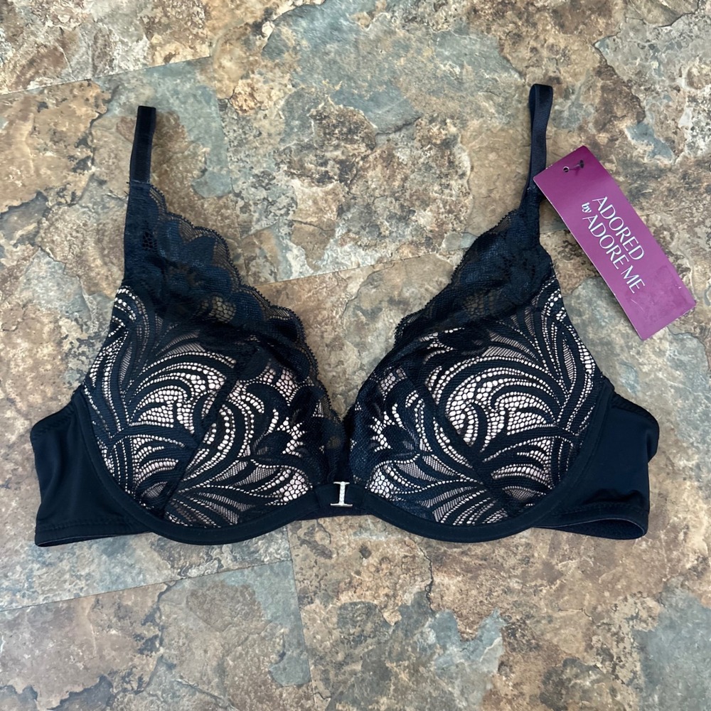 Adored By Adore Me Push Up Bra Womens Size 36A Black Lace Underwire Padded